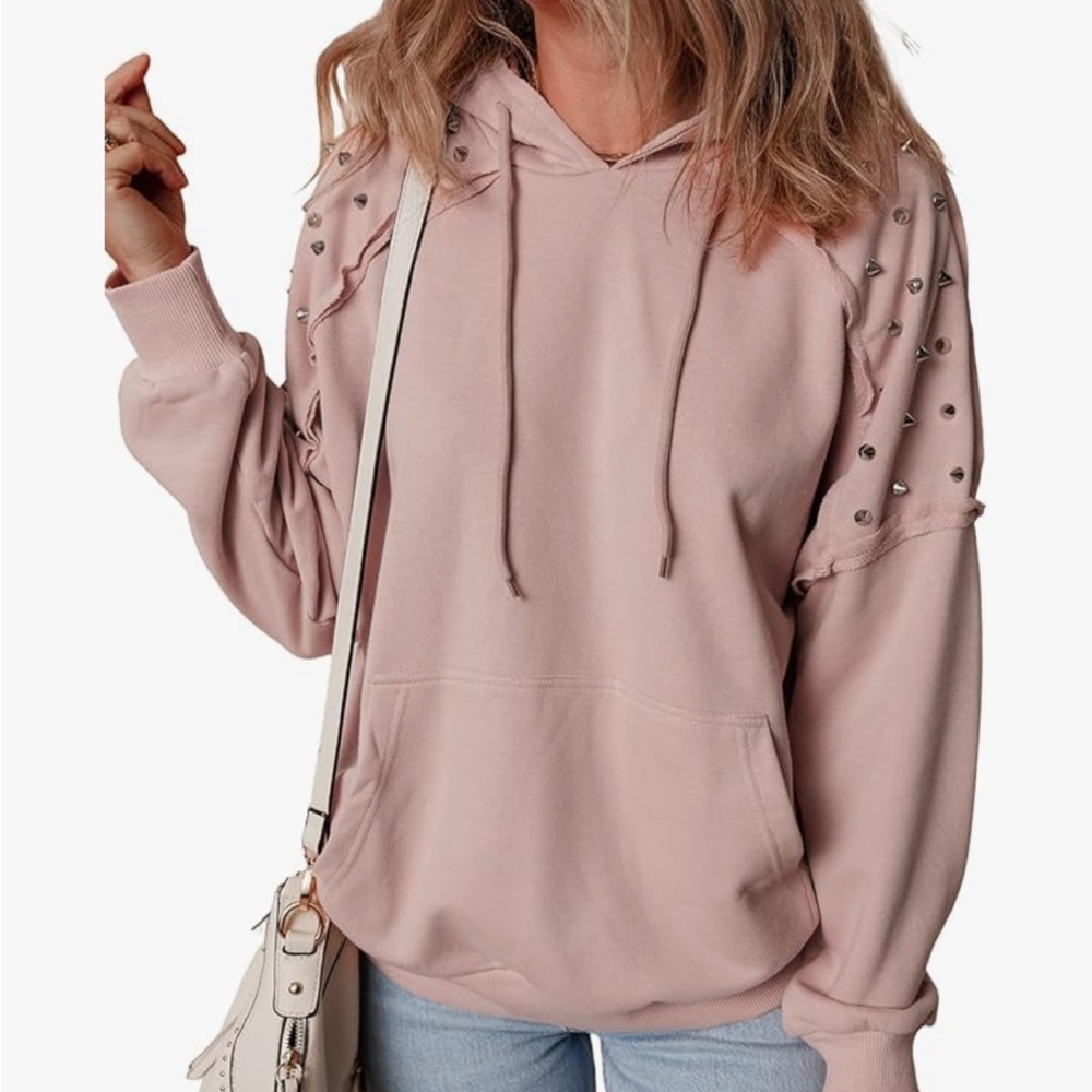 KevaMolly Blush Pink Studded Hoodie Pullover Long Sleeve Casual Top Size XL